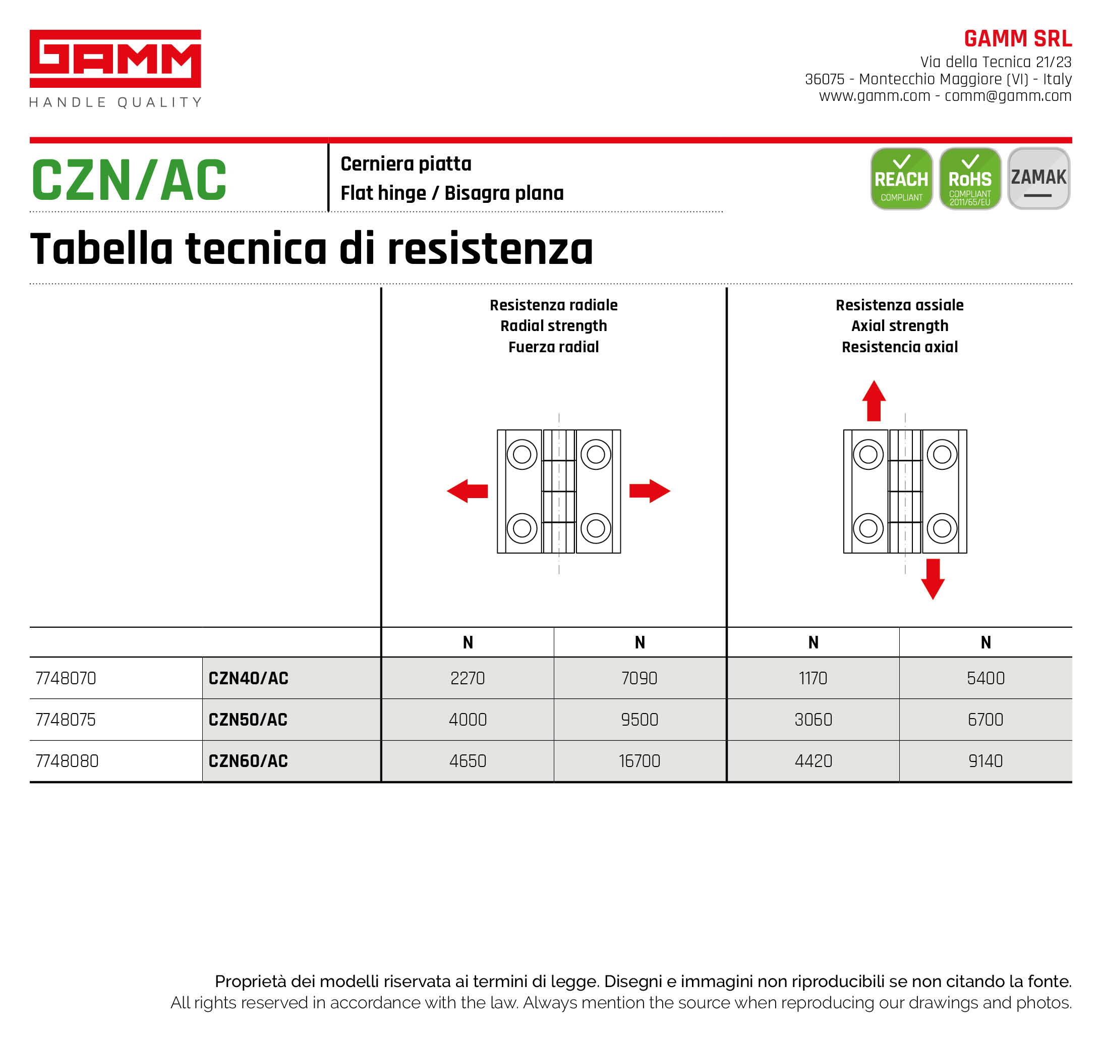 CZN AC tabella resistenza cerniere metallo GAMM