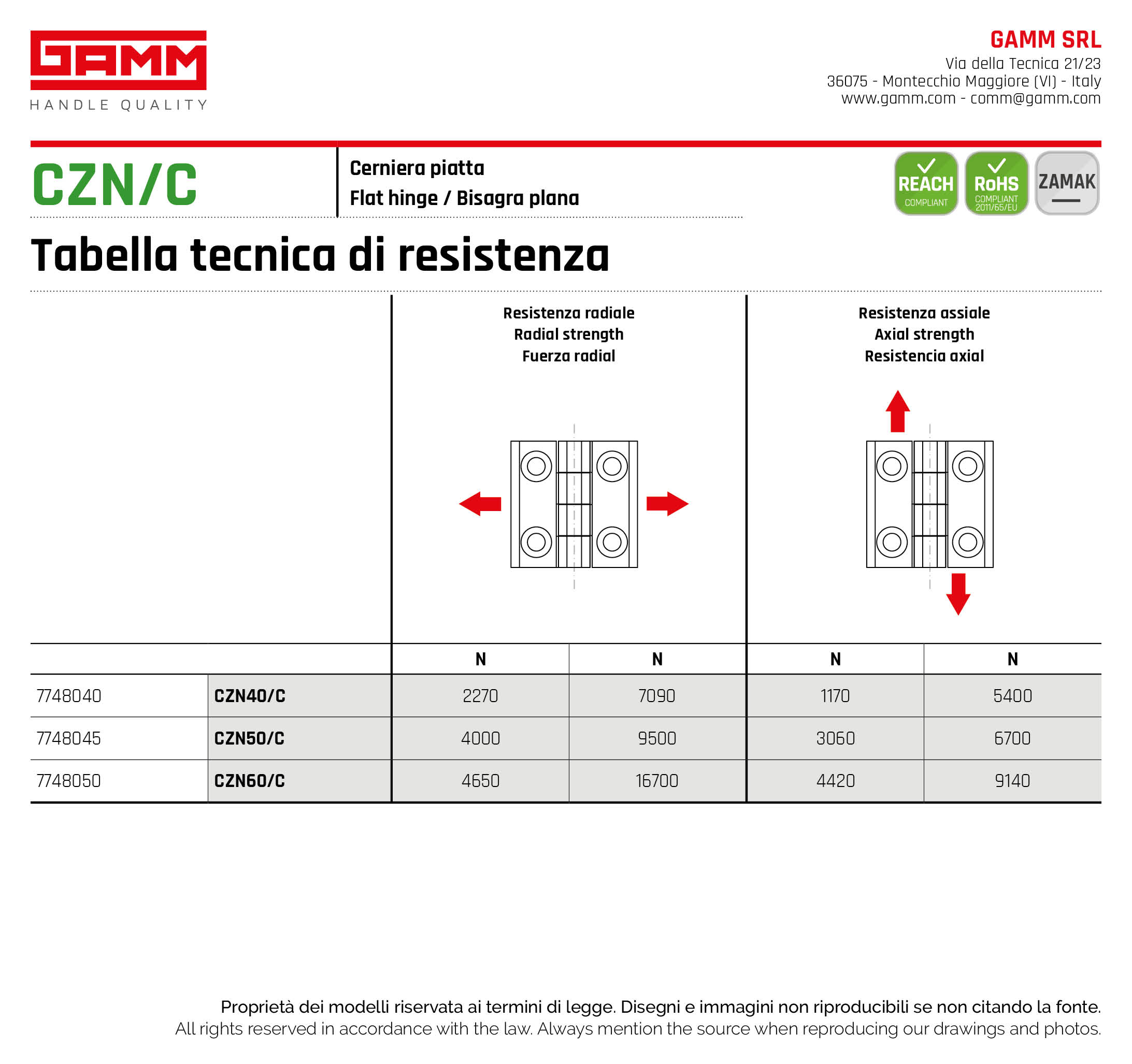 CZN C tabella resistenza cerniere metallo GAMM